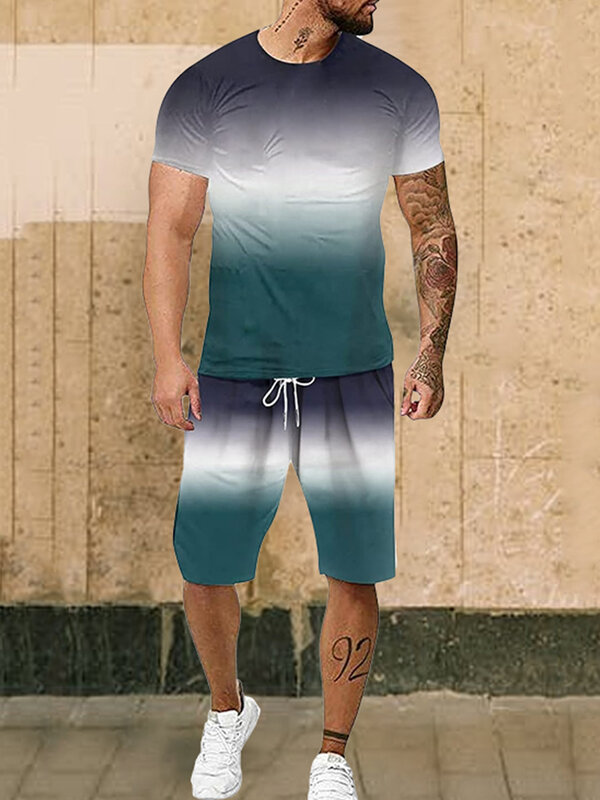Setelan pakaian olahraga ukuran besar pria, T-shirt celana pendek bercetak gradien Fashion 2 potong untuk lelaki musim panas