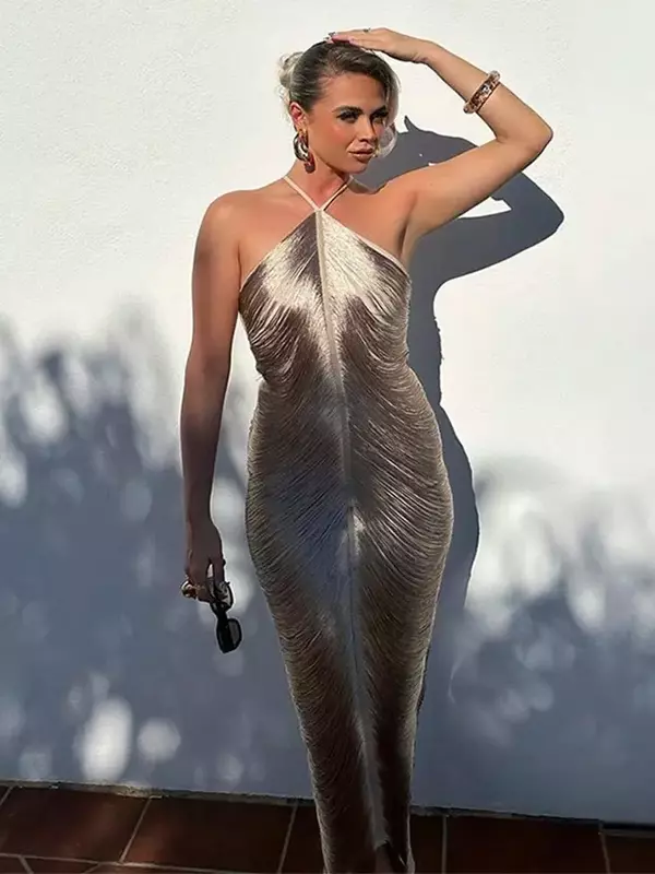 2024 New Women Elegant Shinny Metallic Halter Dress Sexy Sleeveless Backless Bodycorn Long Vestidos Lady for Party Club Evening
