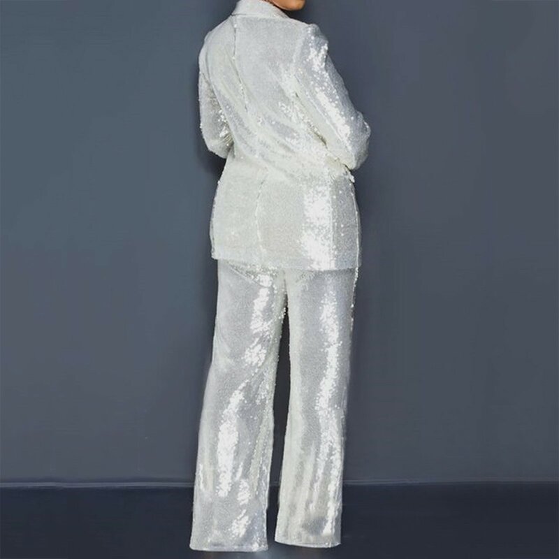 Modne solidne damskie zestawy 2 sztuk marynarskie spodnie garnitury wiosna 2024 długi rękaw cekiny płaszcz wysoki stan szerokie nogawki spodnie Femal