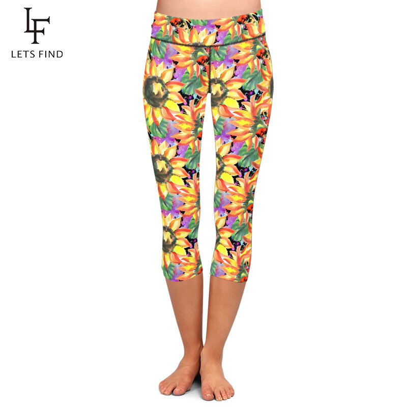 LETSFIND – legging Capri taille haute pour femmes, imprimé numérique, motif aquarelle, tournesol, élastique, Silm, nouvelle collection 2021