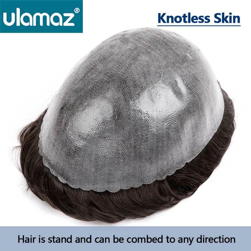 Toupee de pele sem nós masculino micropele peruca masculina, prótese de cabelo humano, sistema de substituição capilar 0,1-0,12mm