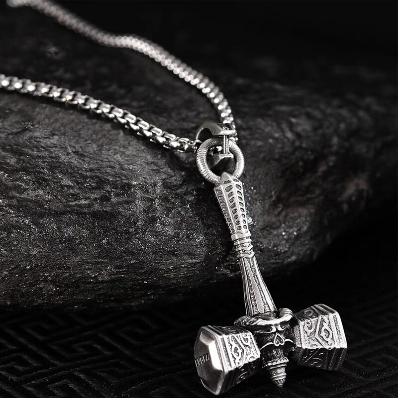 Men's Viking Necklace, Thor's Hammer Stainless Steel Jewelry, Nordic Rune Pendant Sweater Chain
