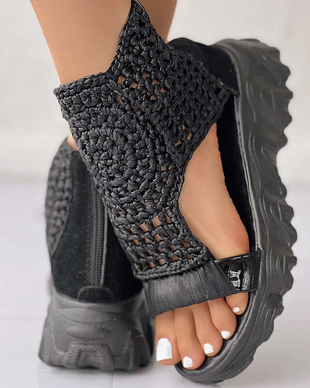 Sandali donna sandali con zeppa geometrici intrecciati scarpe estive elastiche lavorate a maglia sandali piatti in rete scarpe con plateau femminili vuote oro