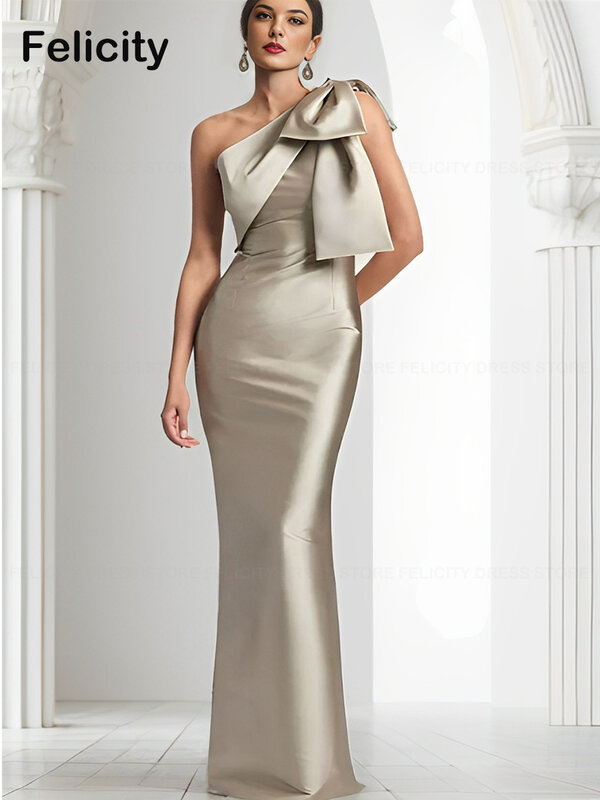 Um ombro vestido de cetim com arco, até o chão vestidos de convidados do casamento, mãe requintado da noiva, bainha, 2024