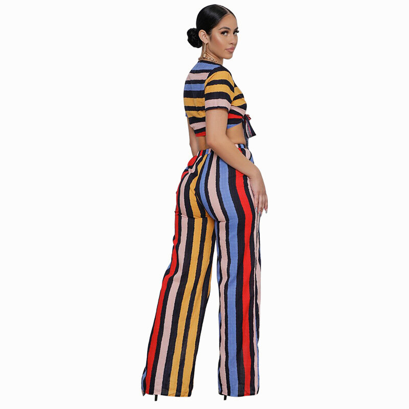 2024 Two Piece Set Ladies Short Sleeve V-Neck Lace Up Sexy Fashion Printing Stripe Slim Casual Floor Pant Suit 
