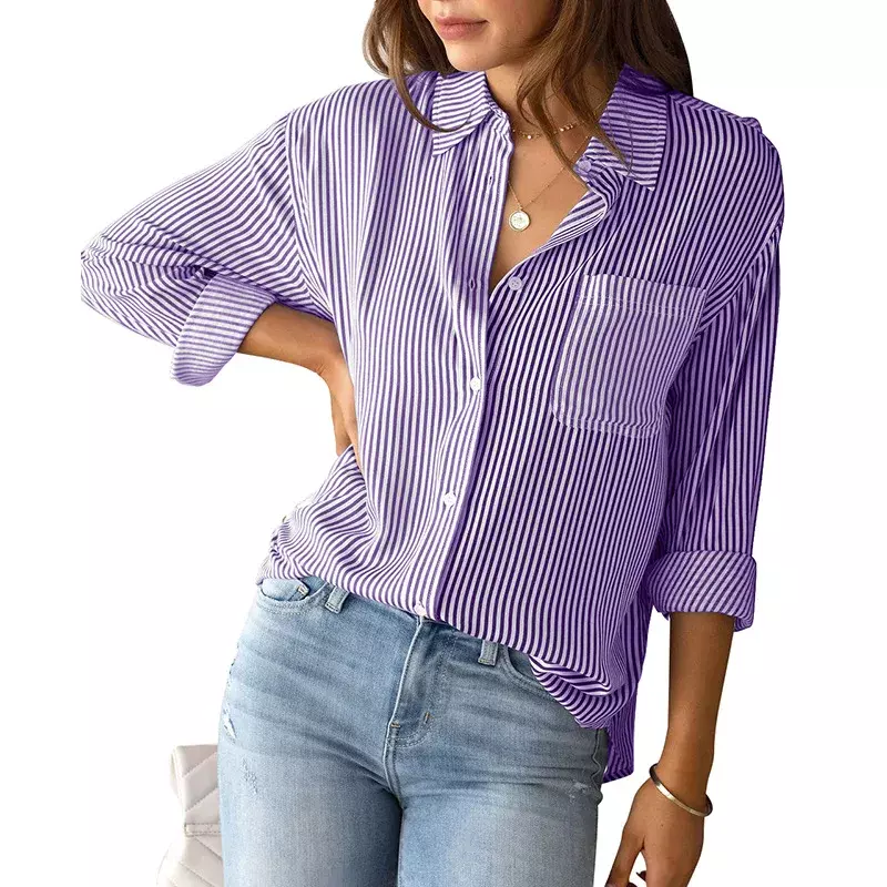 Chemisier à rayures pour femmes avec poches plaquées, chemise décontractée pour dames de bureau, chemises à manches longues, haut d'automne, 2024