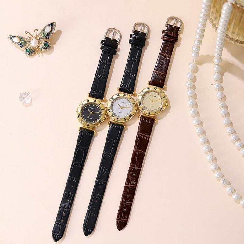 세련된 여성용 쿼츠 시계, 레트로 스타일 다이얼, 조정 가능한 모조 가죽 스트랩, 사무실용 고정밀