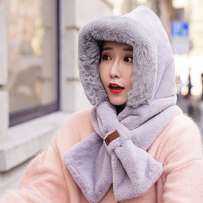 Hat Scarf One Female Winter Plush Thickened Cold Proof Warm Windproof Plush Scarf Ear Protection Girl Outdoor  Protection Khaki
