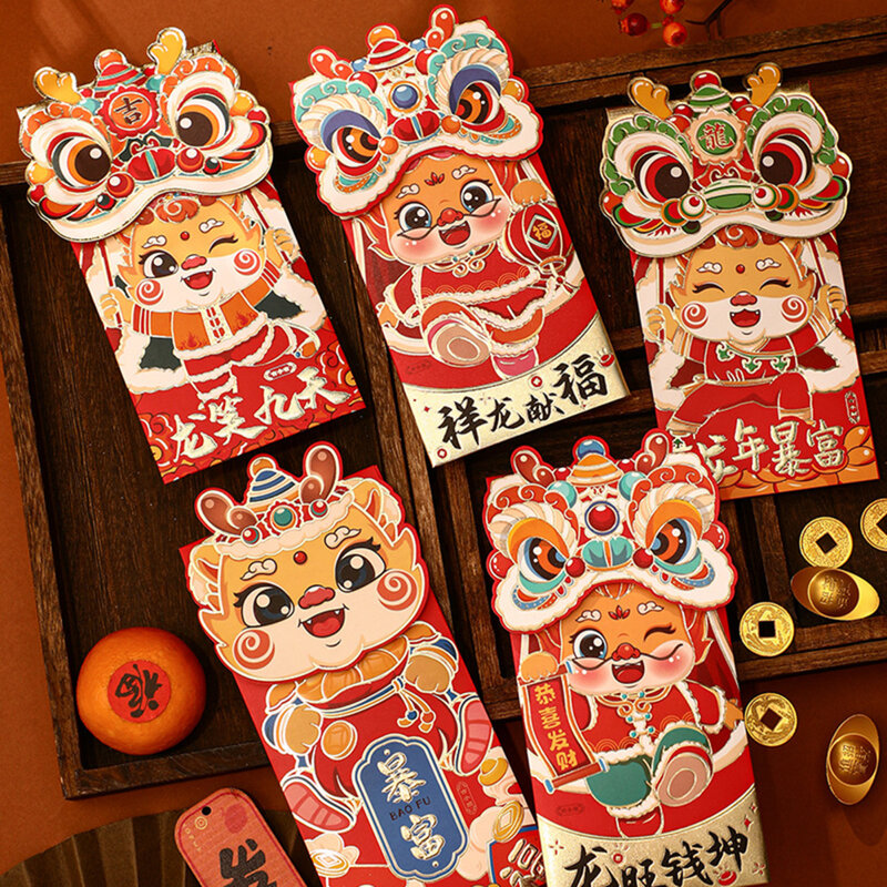 Новогодняя сумка для денег на удачу китайские Мультяшные красные пакеты Украшение для мальчиков и девочек в год Дракона лунного года 4 шт.