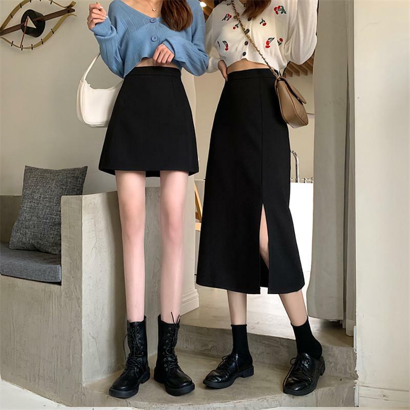 Черные женские юбки до середины икры, а-силуэта для колледжа, с высокой талией, в Корейском стиле, Офисная универсальная уличная одежда для друзей, шикарная Женская юбка