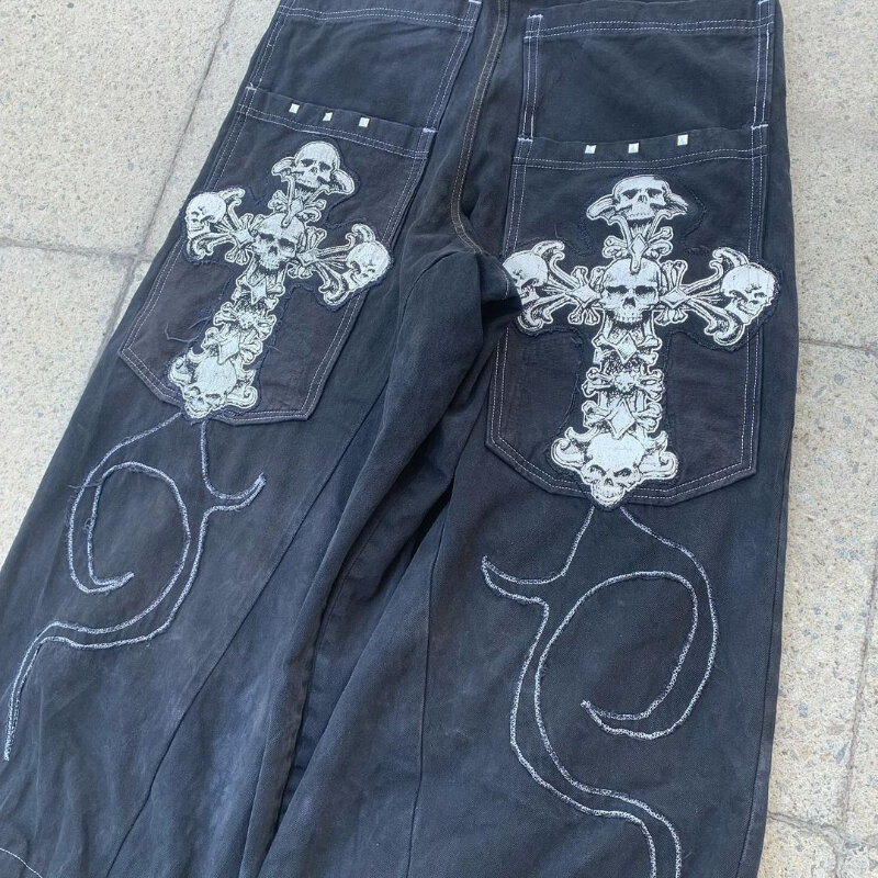 Gotyckie workowate dżinsy męskie Y2K gotyckie patchworkowe jeansowe spodnie Streetwear Retro Hip Hop Punk Street oversize prosta szeroka nogawkami