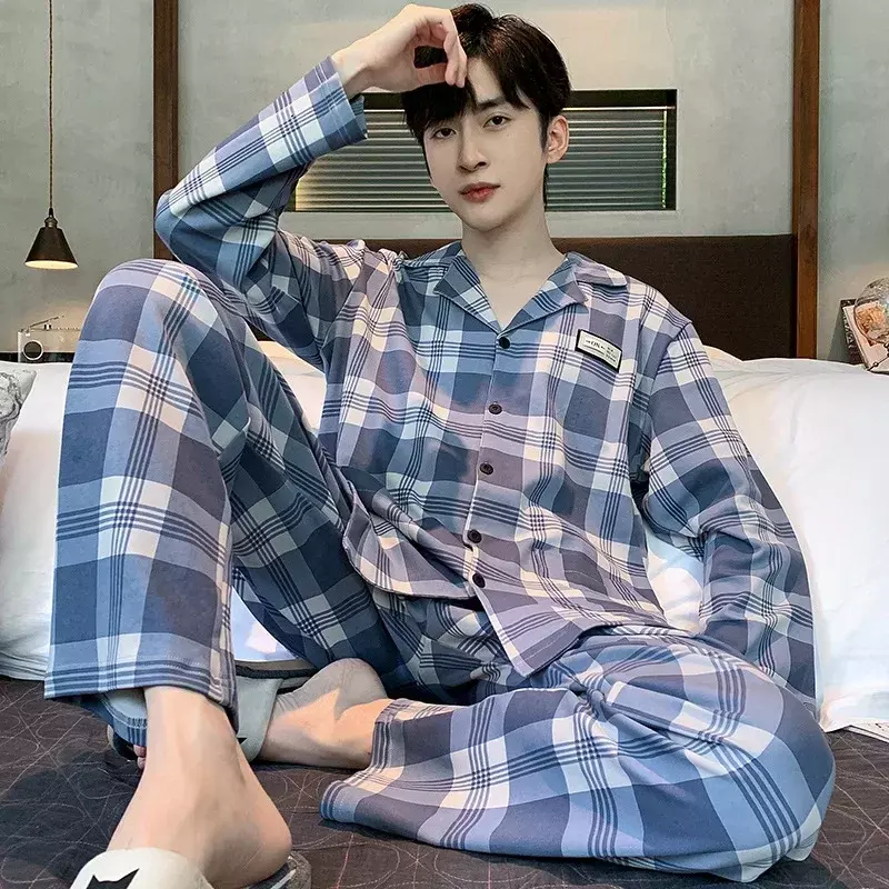 Men's Pajamas Long Sleeved Pants Cardigan Set Simple Casual Sleepwear for Men Can Be Worn Out for Home Wear in Spring & Autumn
