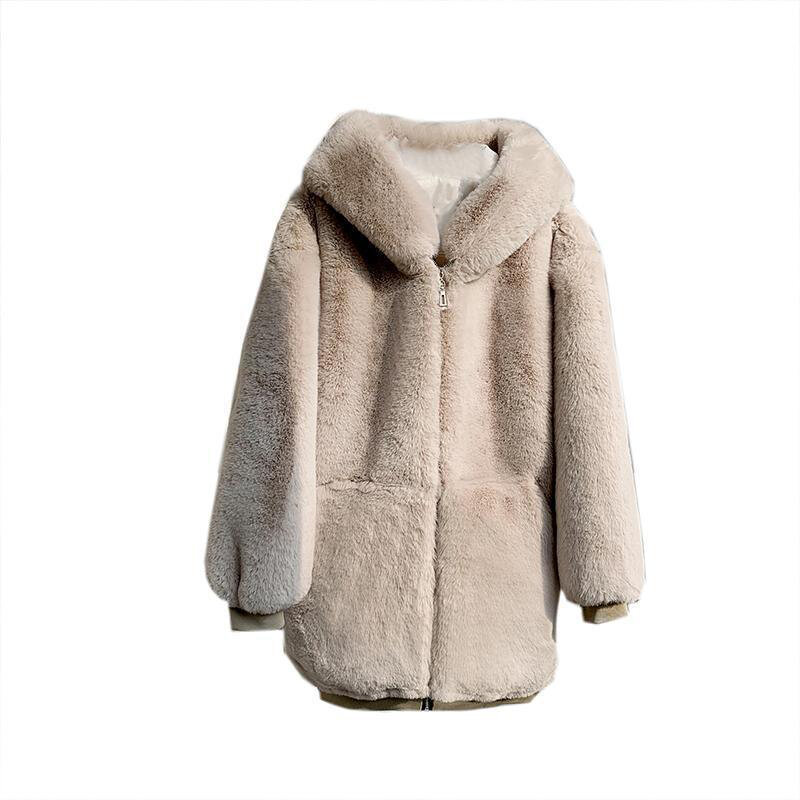 Модное плюшевое пальто, Женское зимнее пальто средней длины из искусственного меха кролика Рекс, Свободное пальто с капюшоном, новинка 2023