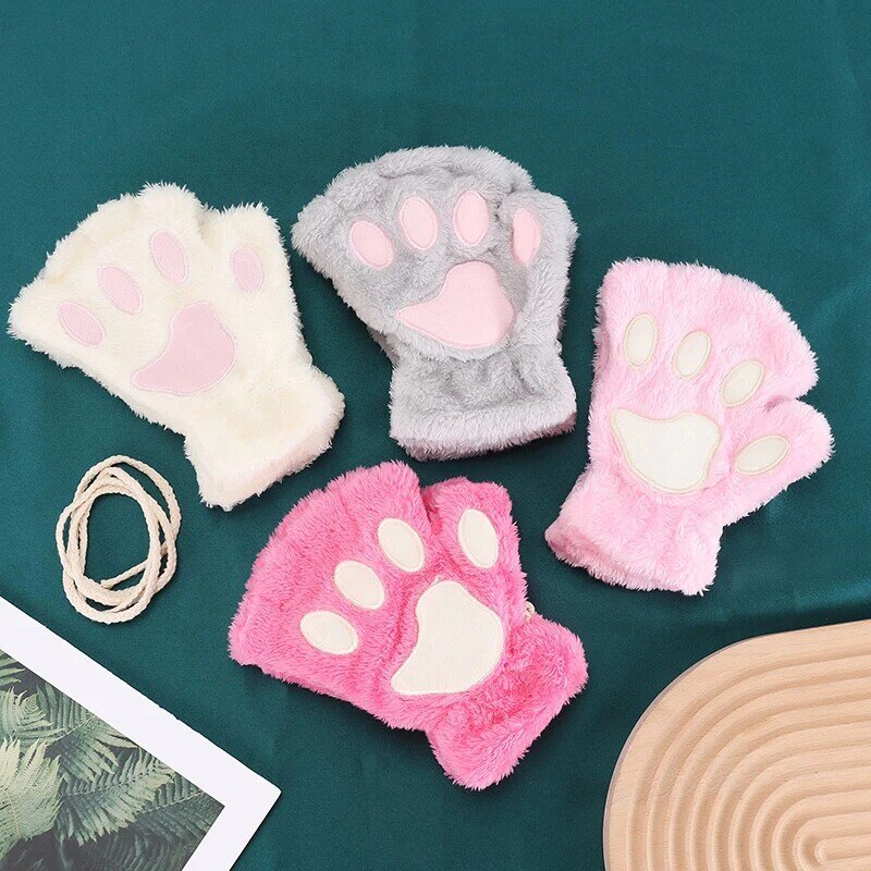 1Pair Cute Cat Claw Gloves Winter Plush Gloves Soft Warm Cold Resistant Glove Women's Thickened Glove Leakage Finger Gloves