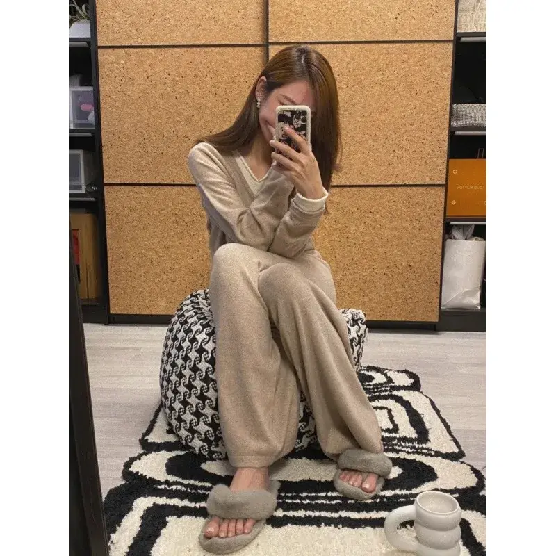 ชุดนอนกางเกงขายาวสำหรับผู้หญิงชุดใส่อยู่บ้านฤดูใบไม้ผลิและใหม่เกาหลีฤดูใบไม้ร่วงสีพื้นแขนยาวหรูหรา