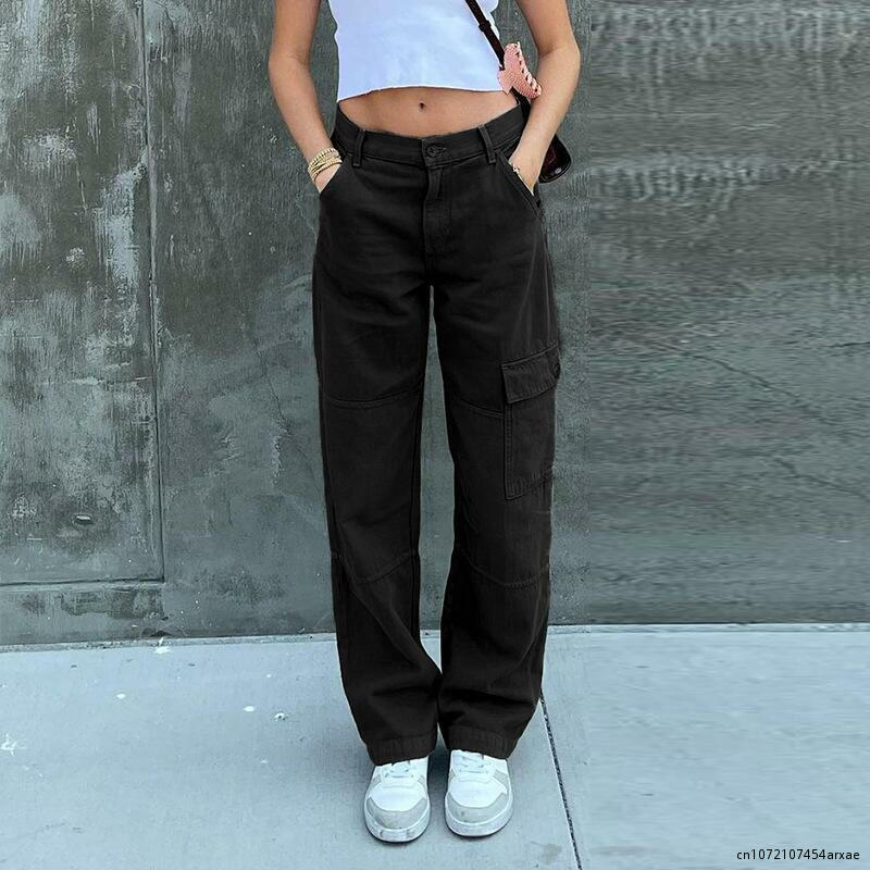 زر منخفض الخصر 2023 الدنيم السراويل الجينز النساء جيوب خياطة مستقيم السراويل البضائع Vintage جينز الشارع الشهير رمادي غير رسمي