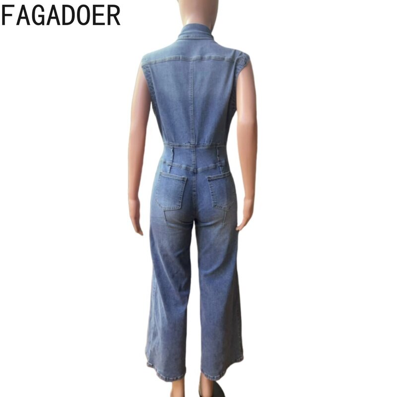 Fagadoer-女性用ワイドレッグデニムジャンプスーツ、エレガントなレディースパンツ、スイベルダウンカラー、ボタン、ノースリーブジャンプスーツ、カジュアルなカウボーイオーバーオール、腹部