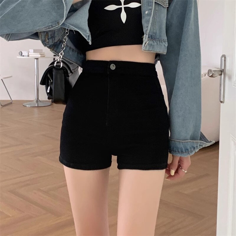 Shorts magros pretos de cintura alta feminino, estilo de rua vintage, mini jeans para menina jovem, calça sexy feminina, verão, novo