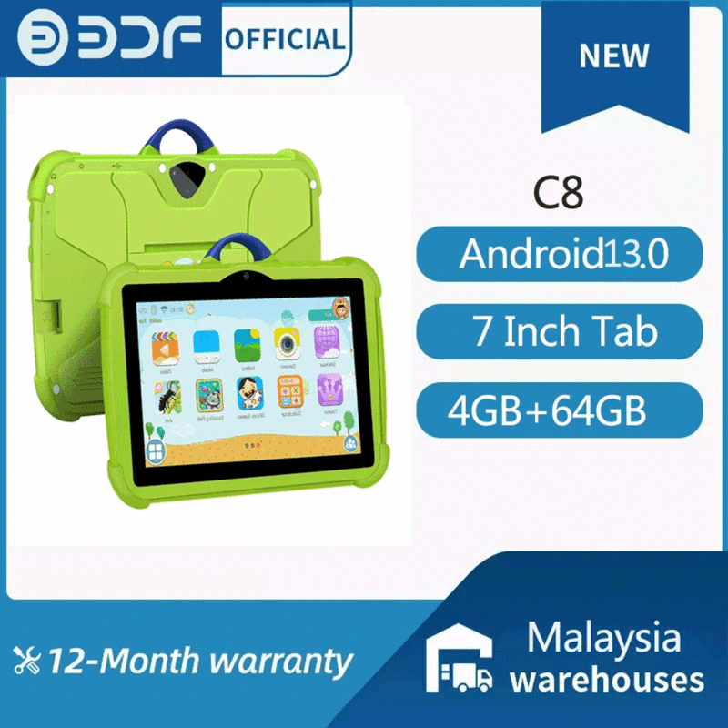 BDF-Tableta Android 2024 de 7 pulgadas para niños, Tablet educativa de estudio, Bluetooth, WiFi, con funda protectora bonita, regalo para niños, 13,0