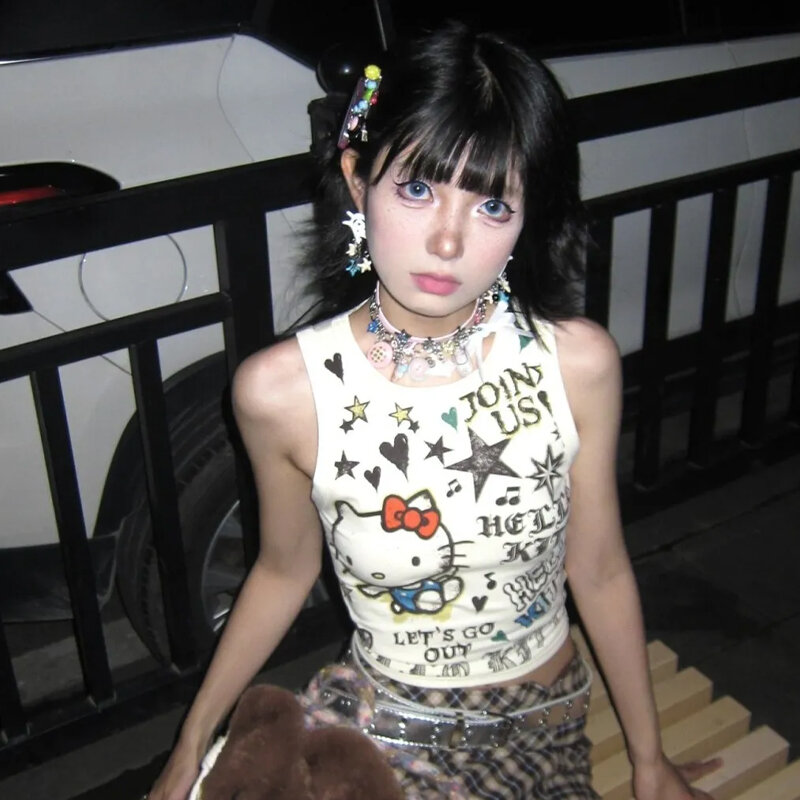 Sanrio Hello Kitty damskie Camisole Y2k seksowna letnia dziewczyna kreskówka śliczna podstawowa elastyczna podkoszulek jednolity Tank Top prosta, na co dzień koszulka na ramiączka