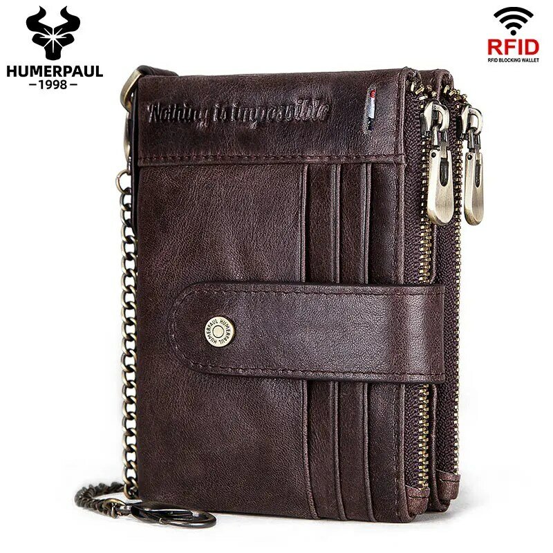RFID – portefeuille en cuir mince pour hommes, à loquet pliable, court, Vintage, pochette pour pièces de monnaie, cartes multifonctionnelles, sac à chaîne de styliste