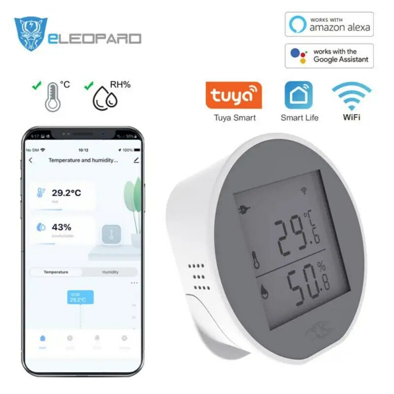 RYRA-Sensor inteligente de temperatura y humedad para interiores, higrómetro, termómetro con pantalla LCD, compatible con Alexa y Google Home, Tuya
