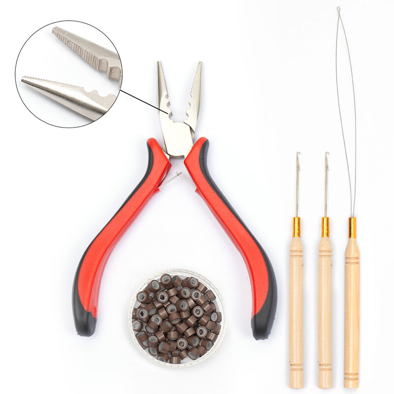 Anillos para extensiones de cabello, Kit de herramientas de peinado DIY con 2 piezas de aguja de tracción, alicates de 3 agujeros, 100 piezas