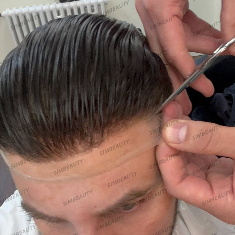 Q6 Swiss renda depan & PU dasar rambut manusia pria rambut palsu coklat tua bernapas Wig pria pengganti sistem rambut kapiler prostesis