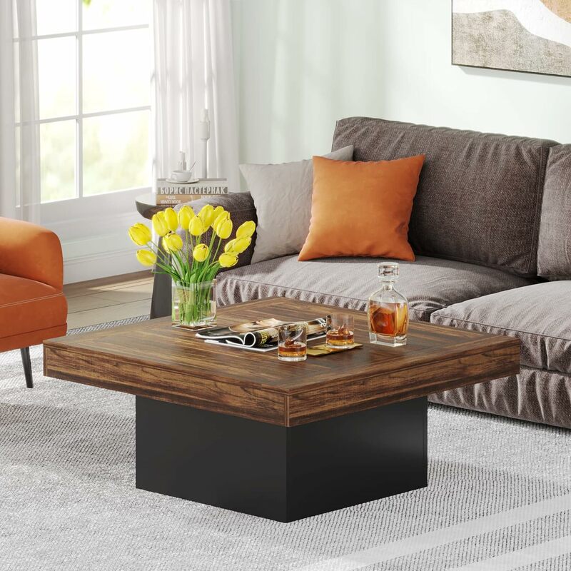Кофейный столик Tribesigns, квадратный зеркальный кофейный столик, инженерный низкий кофейный столик из дерева для гостиной, деревенский коричневый и черный