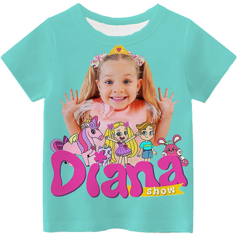 Diana mostra camiseta estampada para crianças, roupas de manga curta para meninas, tops casuais, camiseta com decote em o para crianças, primavera e verão