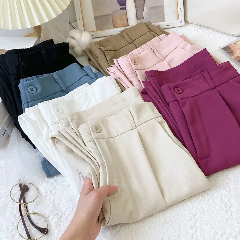 Suit Pants Women's Casual Pants Spring Summer Solid Color Elastic Waist Ankle-Length Pants Female Cosy Loose Straight Trousers