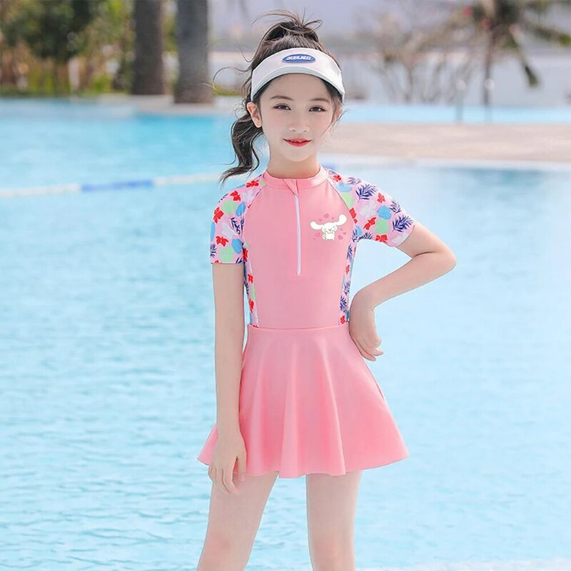 Sanrios Kids Swimsuit Kuromi Cinnamoroll Anime Kawaii Professional Training Quick-Drying Sunscreen Swimwear Summer Beach Clothes