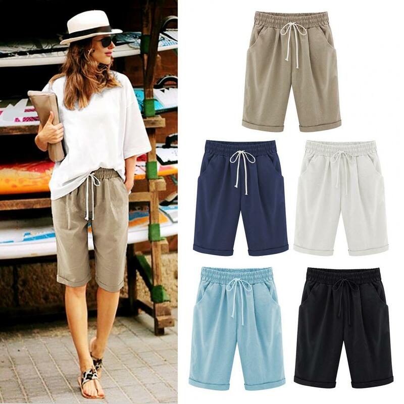 Butt-lifting Shorts Stylish Summer Women's Knee-length Shorts with Drawstring Elastic Waist Wide Leg Design Side for Ladies