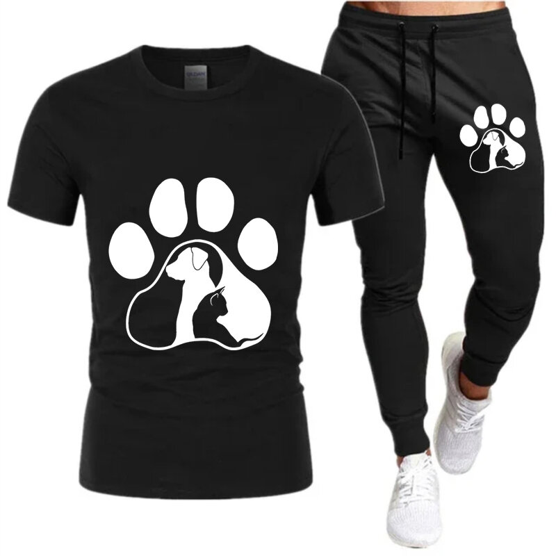 Conjunto de camisetas e calças de rua de duas peças masculinas, camisetas com estampa de patas de cachorro e gato, roupas de verão