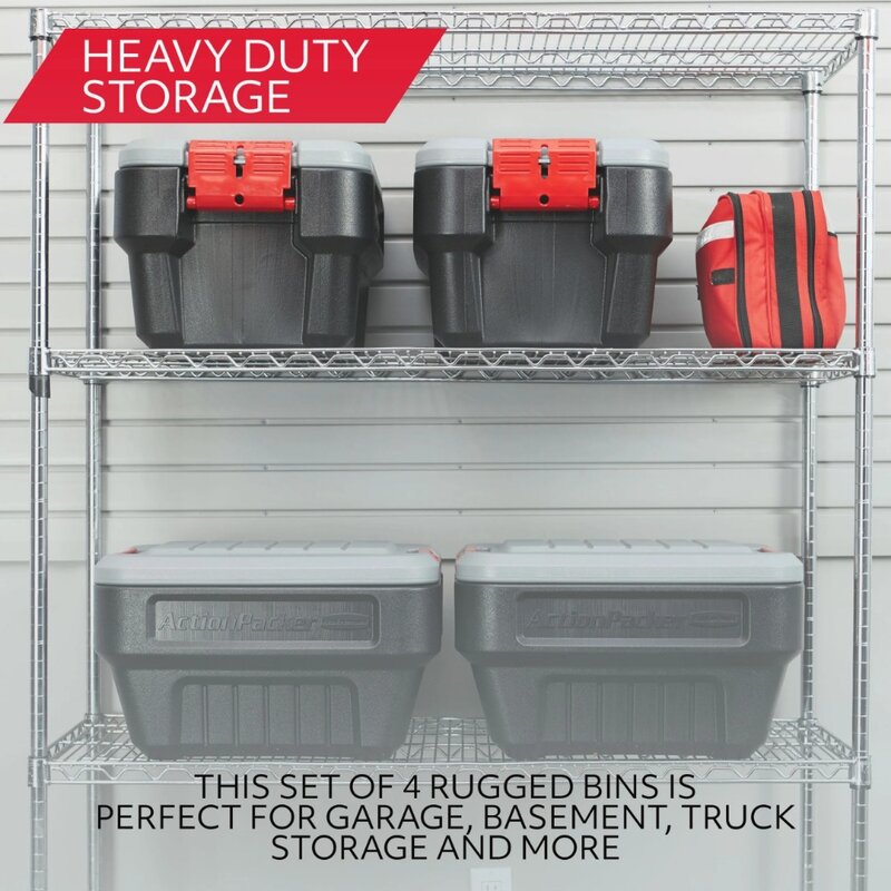Rubbermaid 8 Gallon Action Packer Storage Bin, Heavy Duty, Lockable, Black, Included Lid
