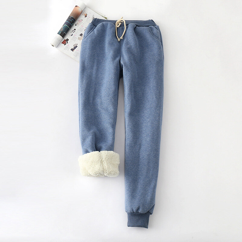 Pantaloni invernali in vita elasticizzati più spessi in pelle di agnello pantaloni larghi in cotone tinta unita pantaloni caldi Casual da donna
