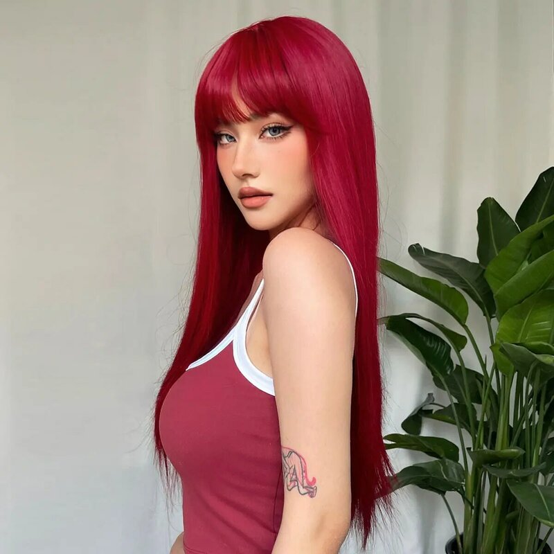 Parrucche sintetiche rosse vino chiaro con frangia per le donne parrucca per capelli lunghi lisci Cosplay naturale resistente al calore
