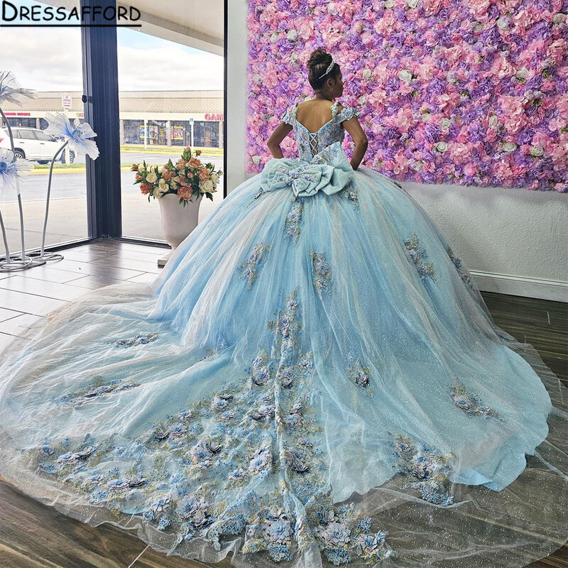 Niebieskie sukienki Quinceanera suknia balowa w kwiaty słodka sukienka 16 15 koronkowa aplikacje z koralikami z odkrytymi ramionami Vestidos De Fiesta