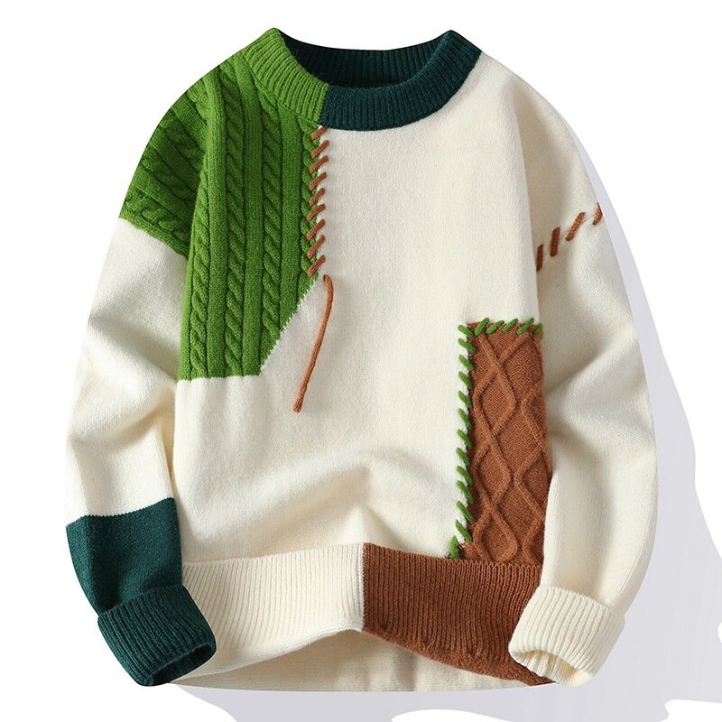 Jesienno-zimowe ciepłe męskie dzianinowe swetry modna, patchworka z okrągłym dekoltem swetry w koreańskim stylu moda uliczna sweter codzienna odzież męska