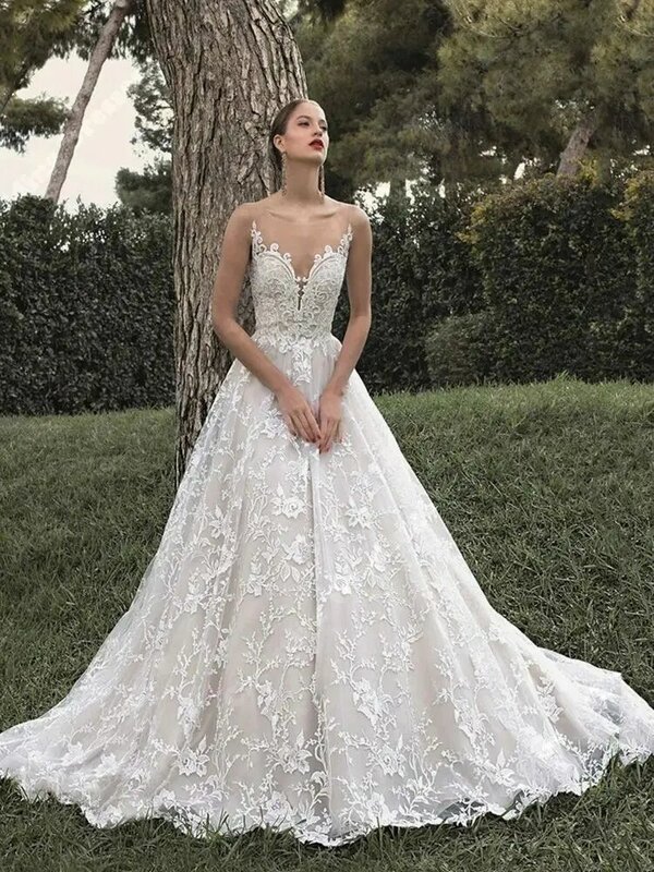 Bohemia V-Neck Wedding Dresses For Women Lace Applique Flower Print Bridal Gowns Engagement Ball Tulle Bride Princess Robes 2024