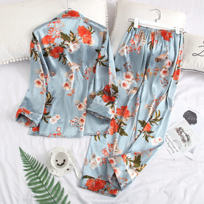 Pijama con estampado de dos piezas para mujer, ropa de dormir nocturna, transpirable, cómoda, cárdigan con botones y mangas largas