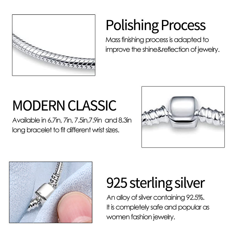 925 Sterling Silver Snake Chain Charme Bracelet para Mulheres, Fits Marca Original, Fino, Pingente, Talão, Pulseiras de Coração, Jóias, DIY