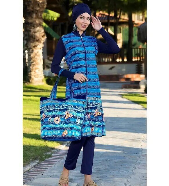 Armes feminino azul marinho tecelagem hijab maiô