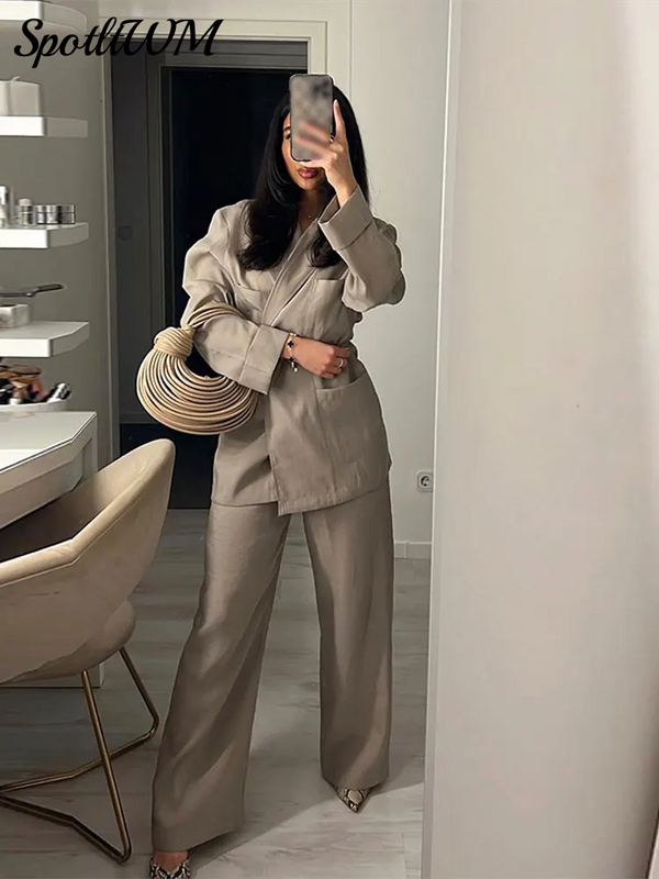 Elegant Lapel Button Long Sleeved Jacket And Pants Set For Women Pocket Spring/summer Coat For Women Office Ladies Suit Jackets