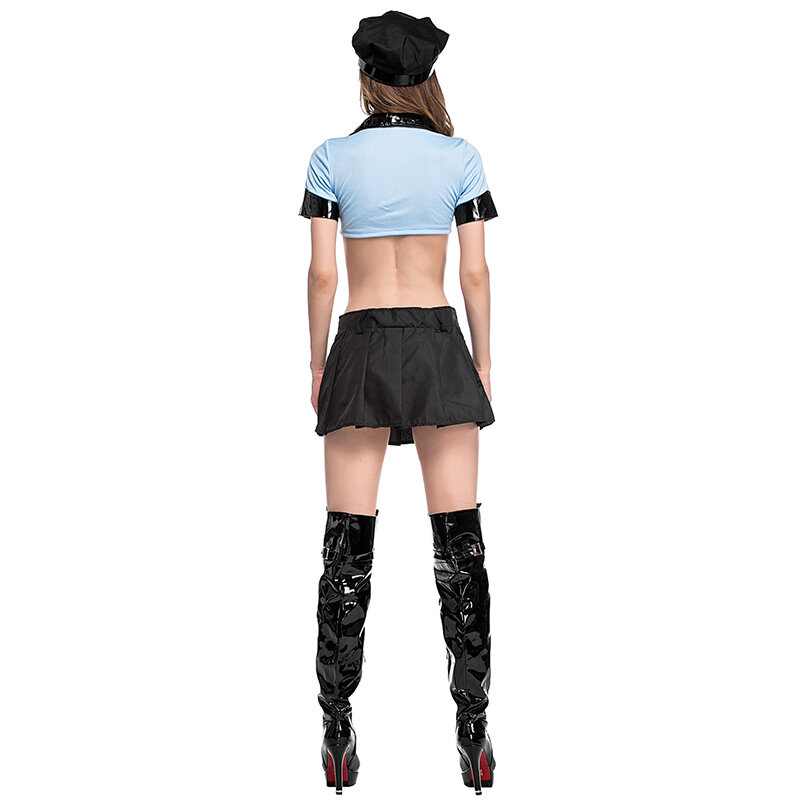 Sexy Vrouw Officer Uniform Mini Rok Kostuum Tavern Pubs Blauw Ober Outfit Cosplay Carnaval Halloween Fancy Party Dress
