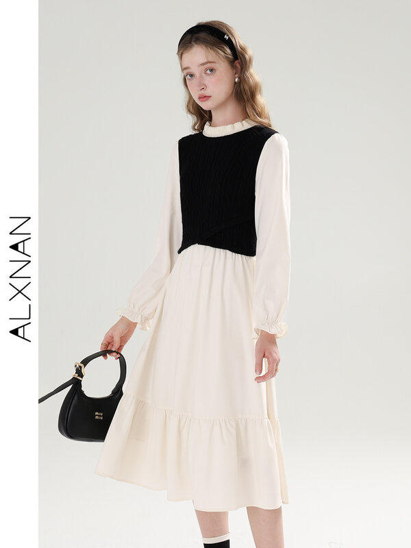 ALXNAN Gaun blok warna wanita Perancis, gaun lengan panjang elegan leher bulat perca musim gugur 2024 T00906