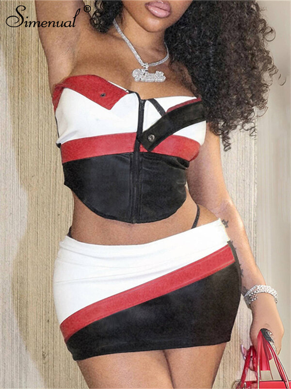 Simenual-女性用合成皮革ミニスカートとストラップレストップ,ジッパー付き,90年代,パンクスタイル