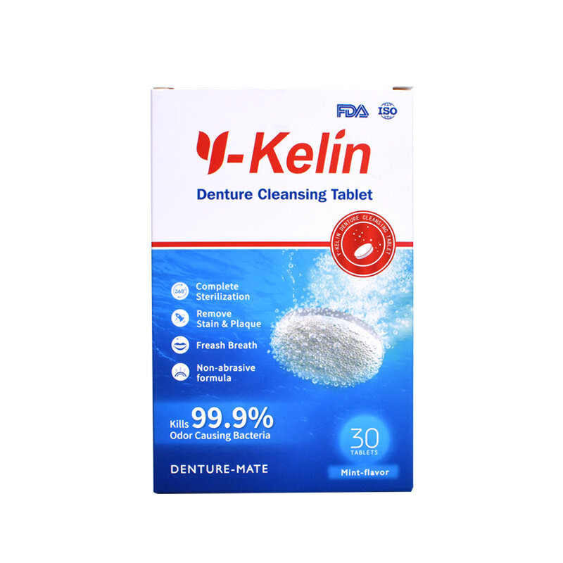 Y-kelin-Tableta limpiadora de dentaduras, pastillas limpiadoras para blanqueamiento, elimina la placa, antibacterias, 30/60/90 pestañas