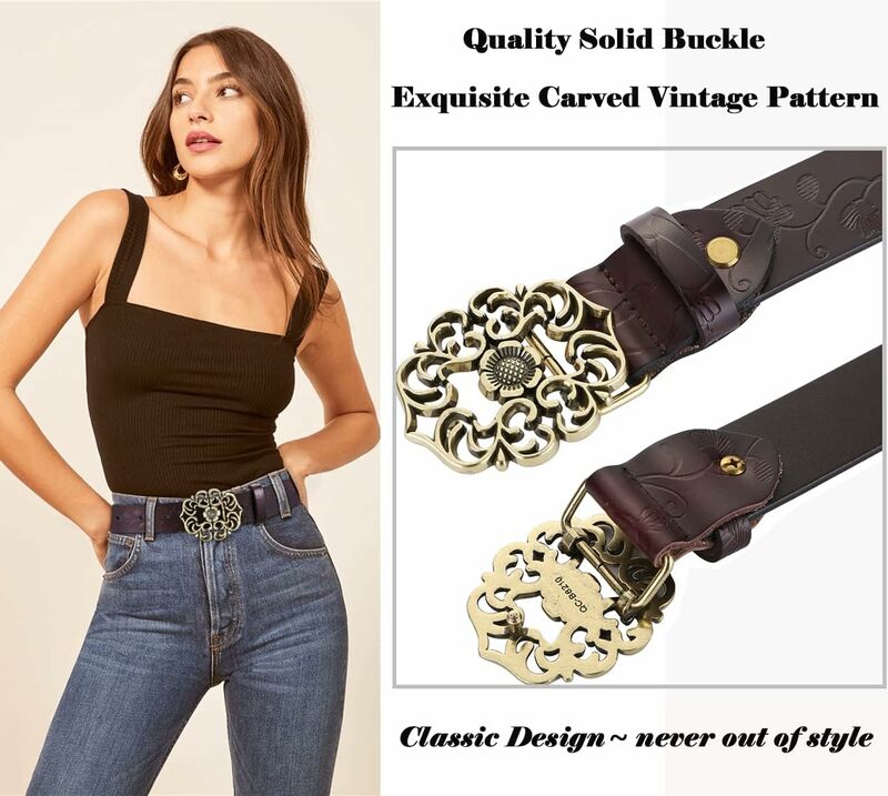 Ceinture rétro dorée en cuir véritable pour femme, tournesol, ceinture assortie pour femme, jeans féminins réglables, environnement de créateur, luxe