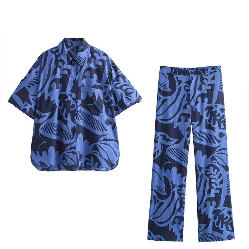 Pyjama Voor Dames 2 Stuks Set Casual Outfits Revers Met Korte Mouwen Bedrukt Shirt Met Hoge Taille Lange Broek Set Nachtkleding Loungewear